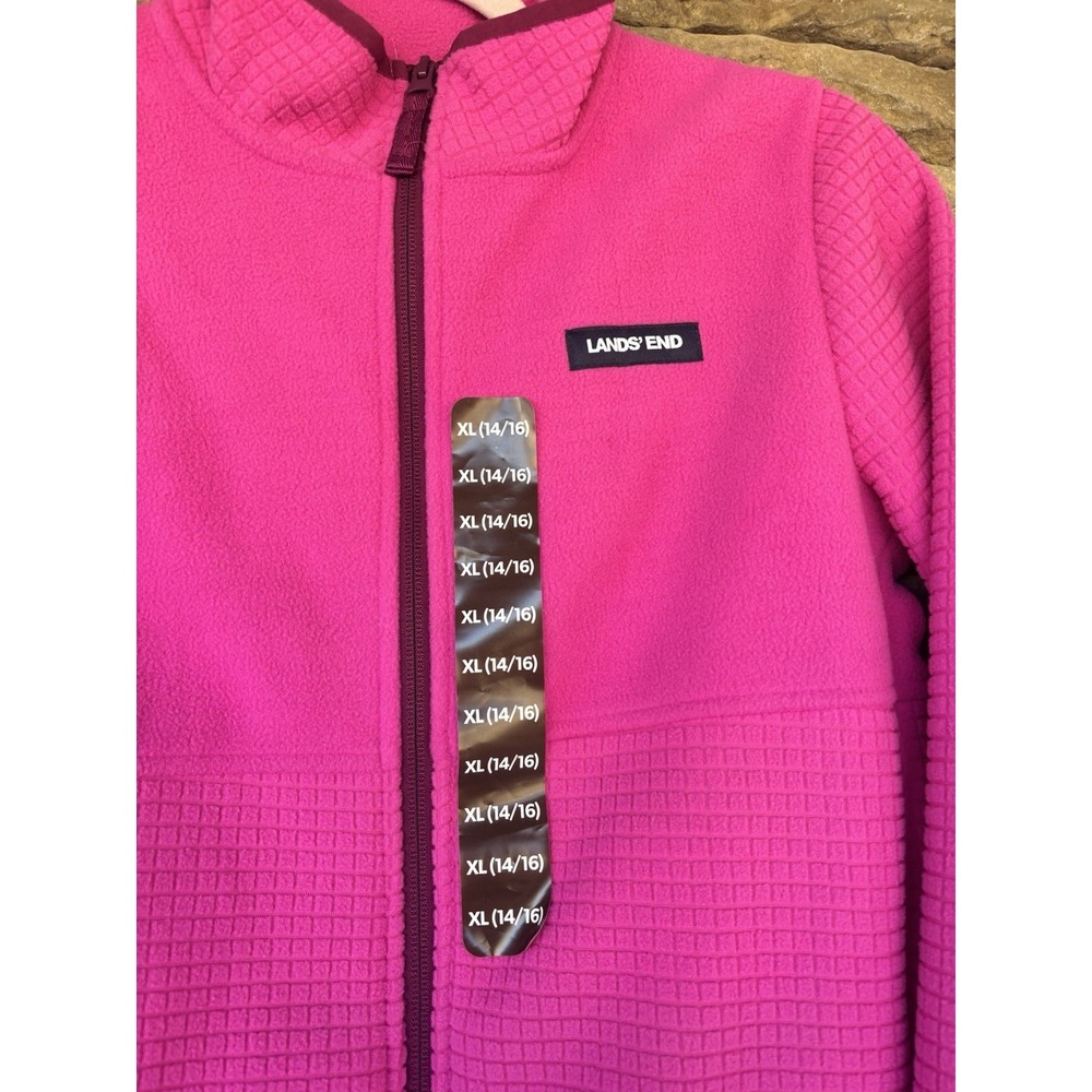 Lands' End Fleece Jacket Girls XL 14-16‎ Red Full Zip Waffle Grid Blue Trim - Picture 2 of 7